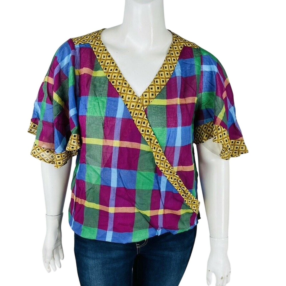 New Umgee Womans Sz XL Blouse Plaid V Neck Faux Wrap Flutter Sleeve Green‎ NWT - Picture 3 of 9